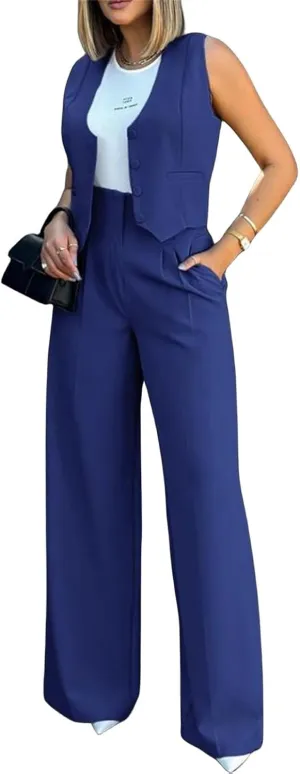 Women Suits 2 Piece Set Business Sleeveless Blazer Vest&Wide Leg Pants Sets Casual Elegant Work Office Trendy Outfits