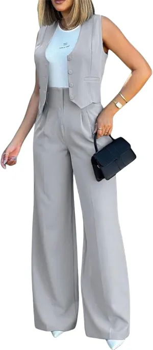 Women Suits 2 Piece Set Business Sleeveless Blazer Vest&Wide Leg Pants Sets Casual Elegant Work Office Trendy Outfits