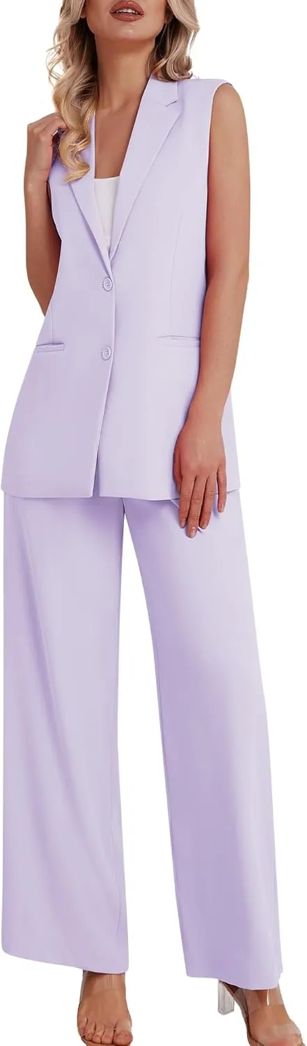 Women's 2 Piece Suit Sets Sleeveless Two Button Vest and Wide Leg Pants Business Casual Work Outfits