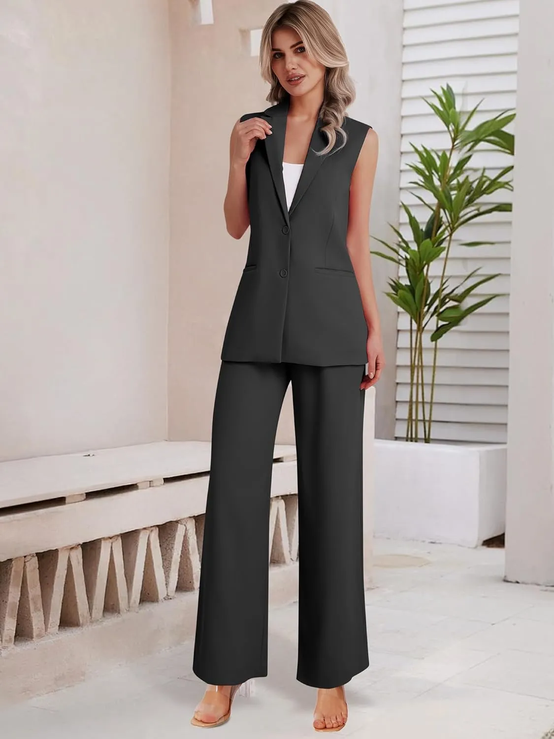 Women's 2 Piece Suit Sets Sleeveless Two Button Vest and Wide Leg Pants Business Casual Work Outfits