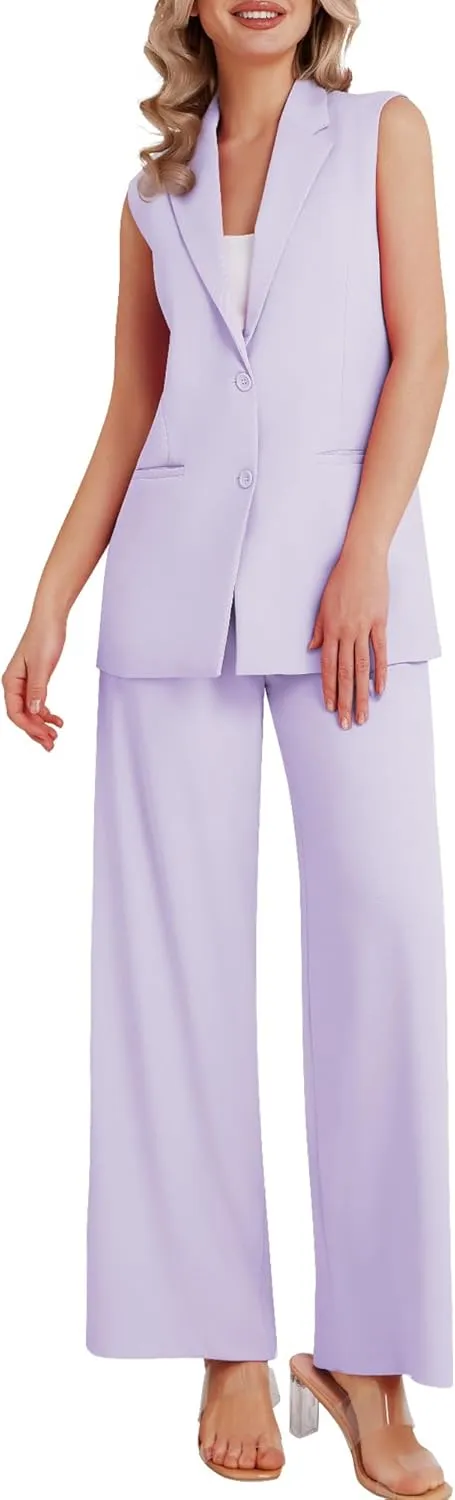 Women's 2 Piece Suit Sets Sleeveless Two Button Vest and Wide Leg Pants Business Casual Work Outfits