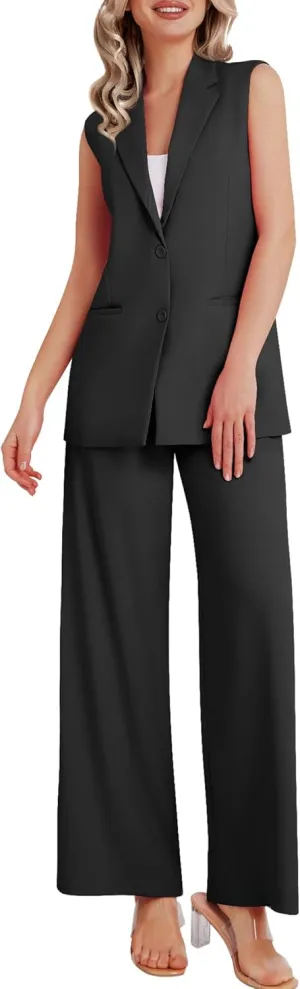 Women's 2 Piece Suit Sets Sleeveless Two Button Vest and Wide Leg Pants Business Casual Work Outfits