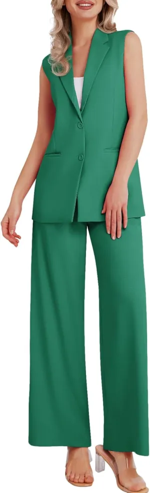 Women's 2 Piece Suit Sets Sleeveless Two Button Vest and Wide Leg Pants Business Casual Work Outfits