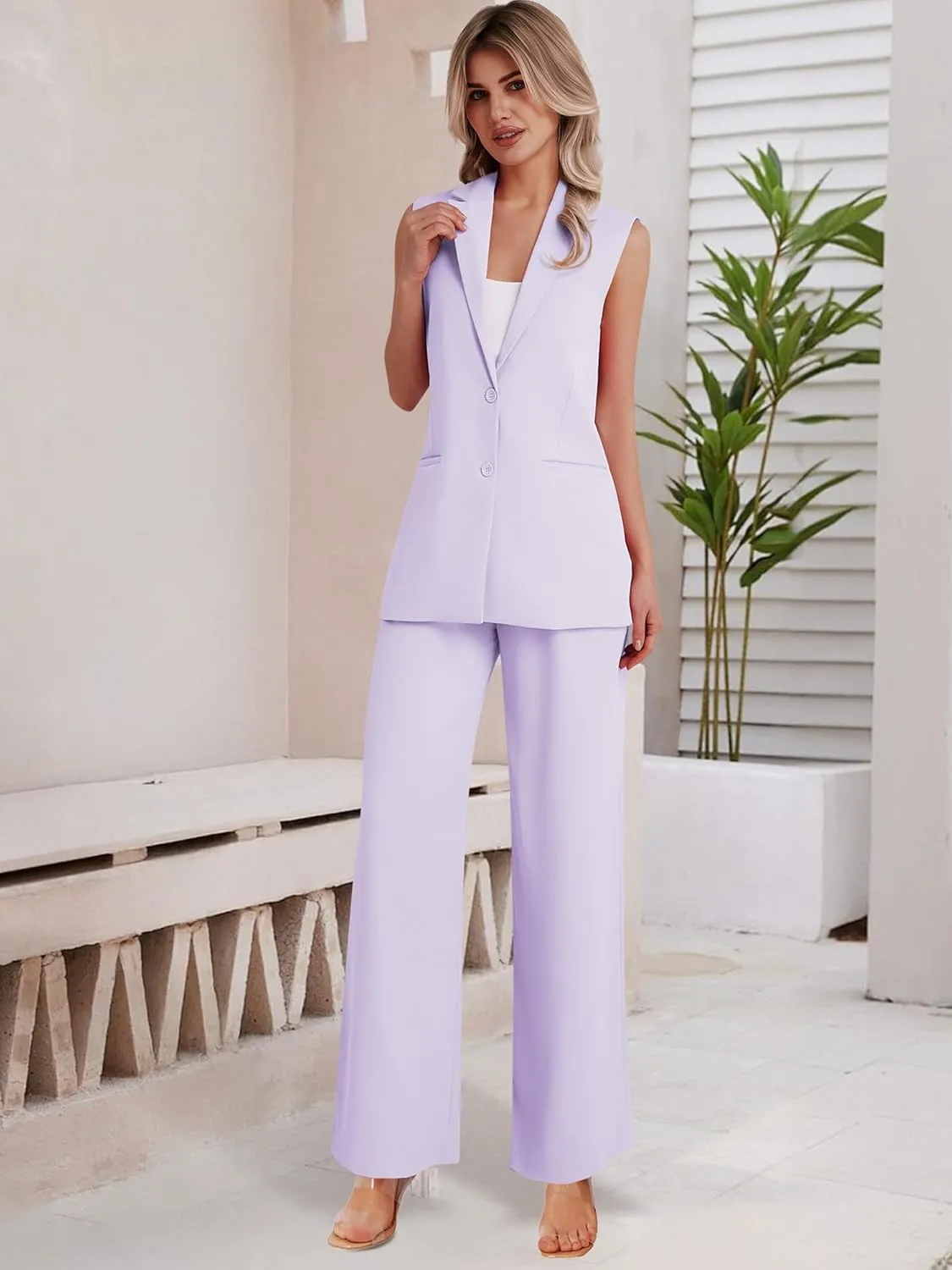 Women's 2 Piece Suit Sets Sleeveless Two Button Vest and Wide Leg Pants Business Casual Work Outfits