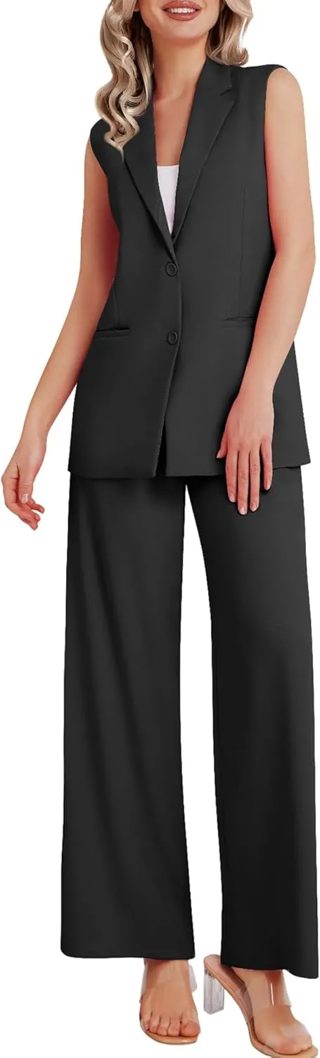 Women's 2 Piece Suit Sets Sleeveless Two Button Vest and Wide Leg Pants Business Casual Work Outfits