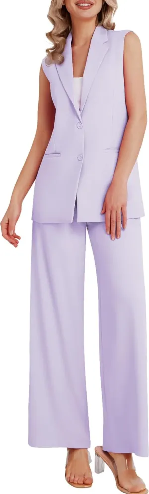 Women's 2 Piece Suit Sets Sleeveless Two Button Vest and Wide Leg Pants Business Casual Work Outfits