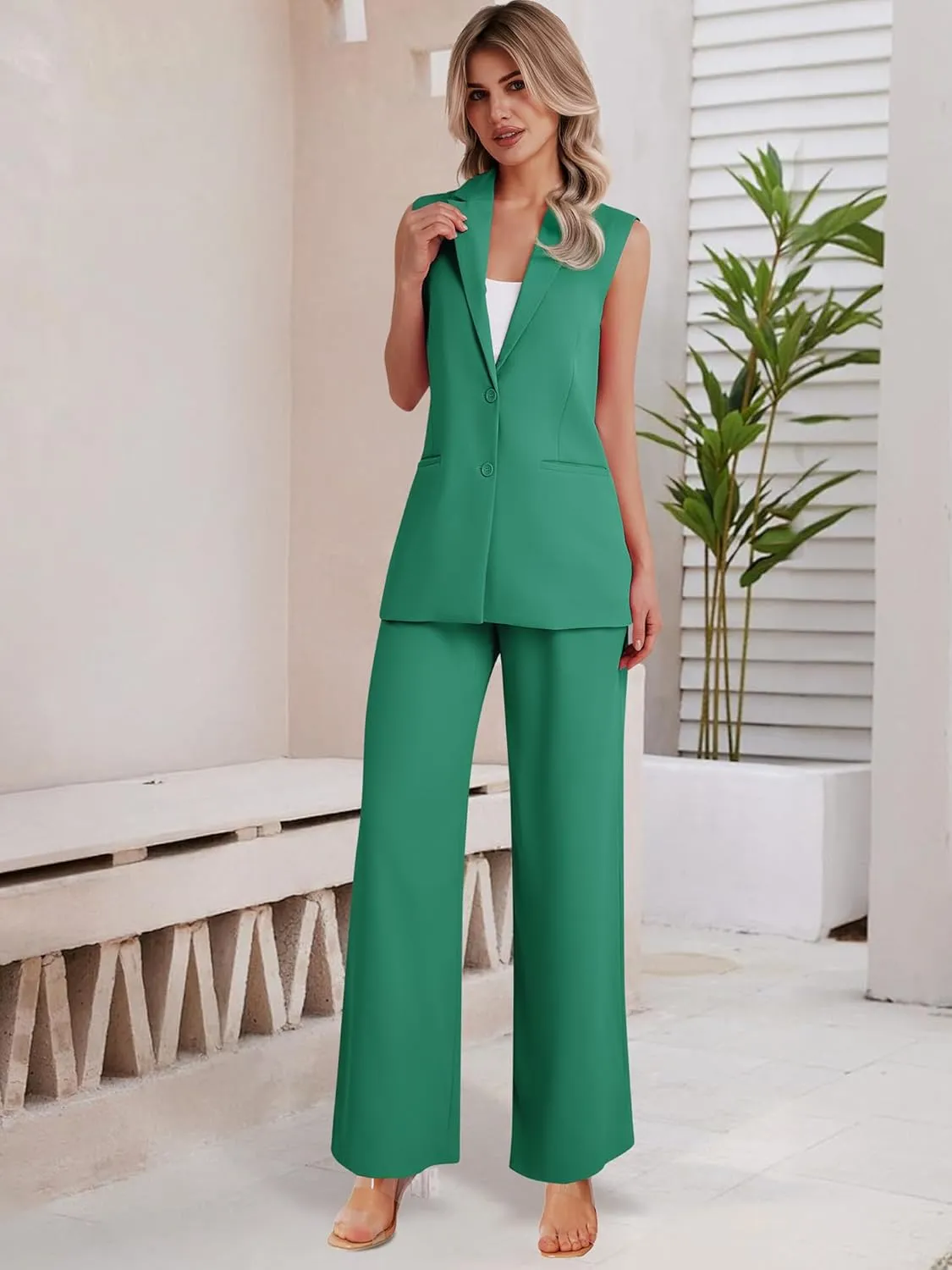 Women's 2 Piece Suit Sets Sleeveless Two Button Vest and Wide Leg Pants Business Casual Work Outfits