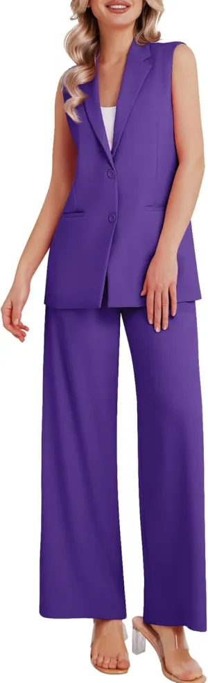 Women's 2 Piece Suit Sets Sleeveless Two Button Vest and Wide Leg Pants Business Casual Work Outfits