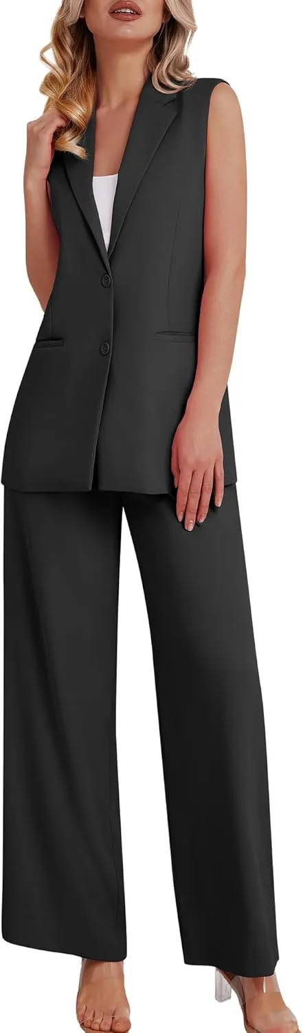 Women's 2 Piece Suit Sets Sleeveless Two Button Vest and Wide Leg Pants Business Casual Work Outfits
