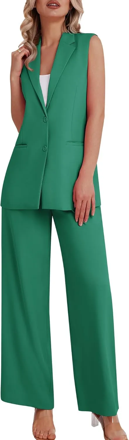 Women's 2 Piece Suit Sets Sleeveless Two Button Vest and Wide Leg Pants Business Casual Work Outfits