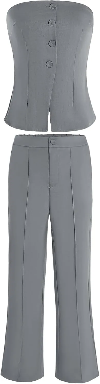 Women's 2 Piece Work Outfit Strapless Button Down Tube Top and Pants Elegant Set