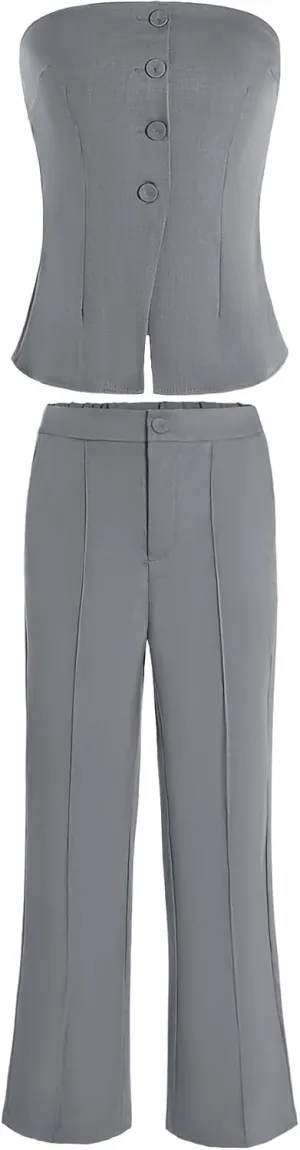 Women's 2 Piece Work Outfit Strapless Button Down Tube Top and Pants Elegant Set