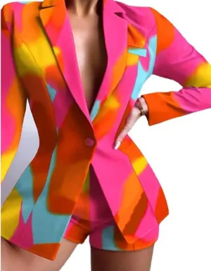 Women's 2 Pieces Floral Pantsuit Summer Suit Long Sleeve Blazer Short Pants Set Suits