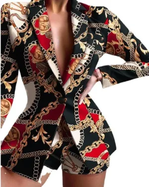 Women's 2 Pieces Floral Pantsuit Summer Suit Long Sleeve Blazer Short Pants Set Suits
