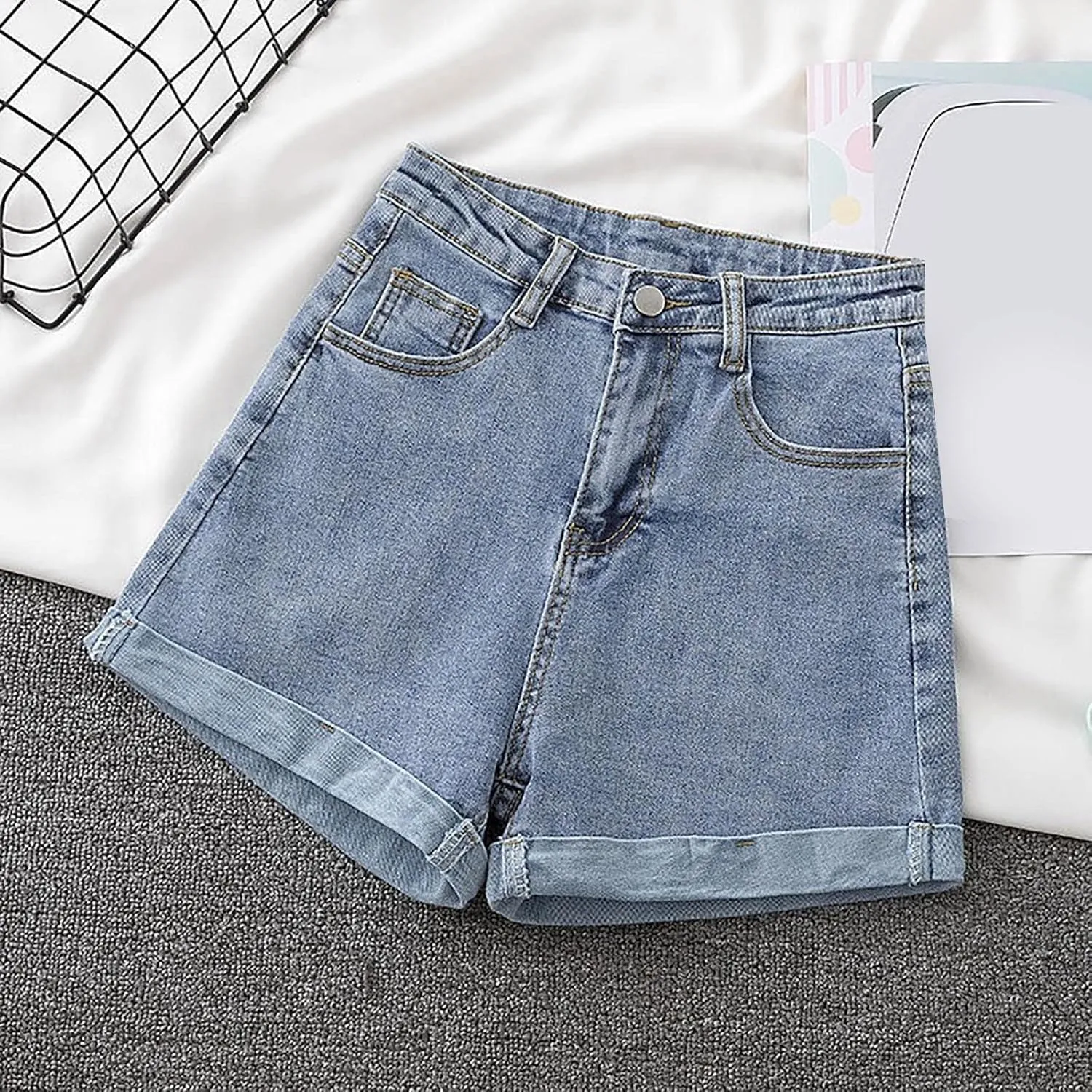 Women's A Line Wide-Leg Jean Shorts High Waisted Baggy Folded Hem Denim Shorts Comfy Loose Summer Beach Casual Short