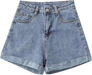 Women's A Line Wide-Leg Jean Shorts High Waisted Baggy Folded Hem Denim Shorts Comfy Loose Summer Beach Casual Short