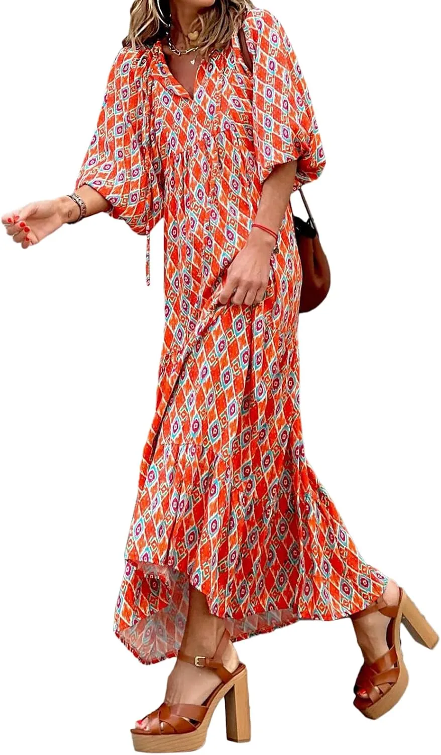 Women's Boho Casual Maxi Dress Bohemian Floral V Neck Puff Short Sleeve Summer Beach Tiered Sundress Long Swing Dress