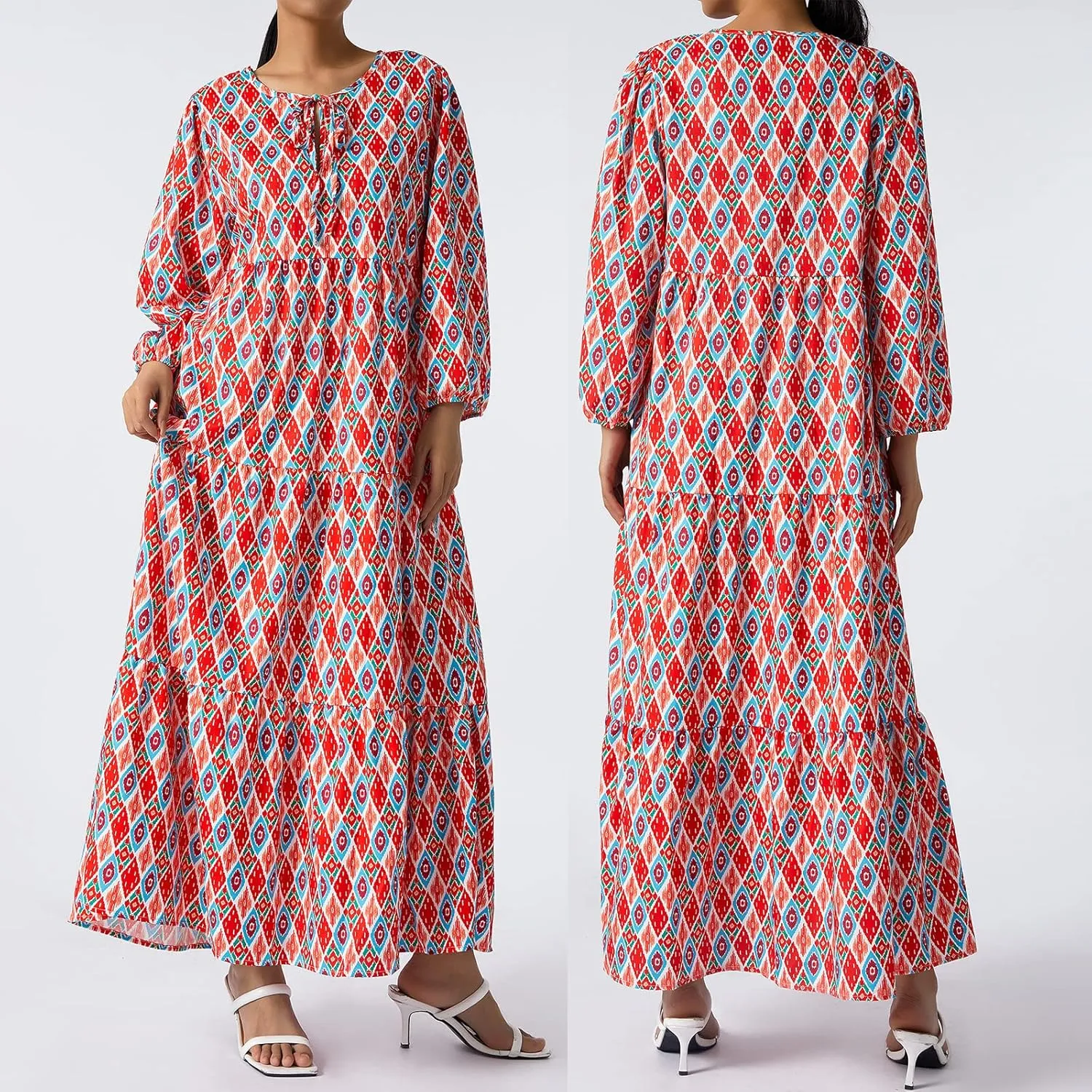 Women's Boho Casual Maxi Dress Bohemian Floral V Neck Puff Short Sleeve Summer Beach Tiered Sundress Long Swing Dress
