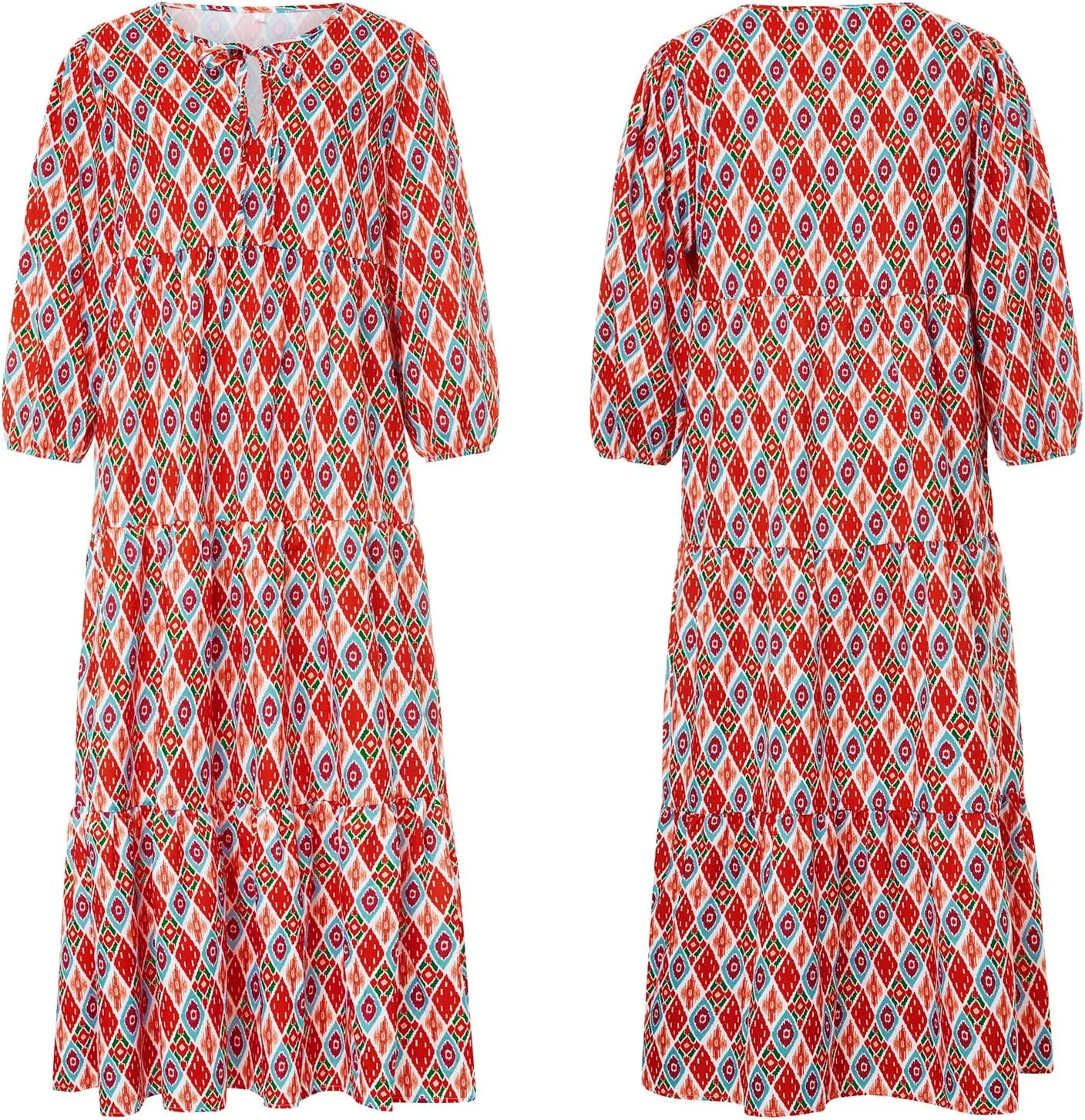 Women's Boho Casual Maxi Dress Bohemian Floral V Neck Puff Short Sleeve Summer Beach Tiered Sundress Long Swing Dress