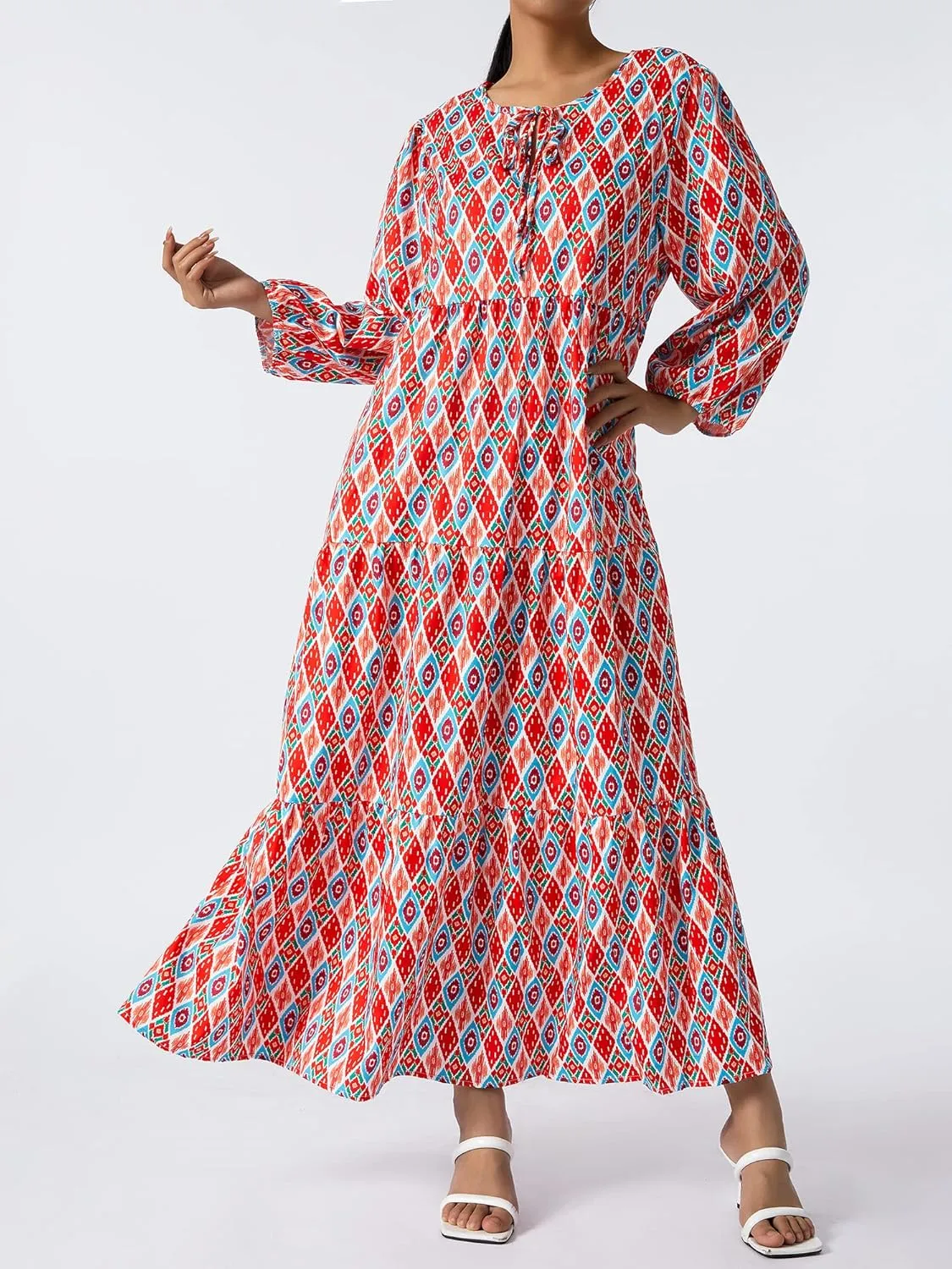 Women's Boho Casual Maxi Dress Bohemian Floral V Neck Puff Short Sleeve Summer Beach Tiered Sundress Long Swing Dress