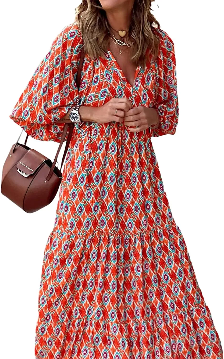 Women's Boho Casual Maxi Dress Bohemian Floral V Neck Puff Short Sleeve Summer Beach Tiered Sundress Long Swing Dress