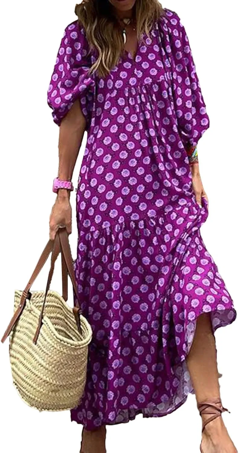 Women's Boho Casual Maxi Dress Bohemian Floral V Neck Puff Short Sleeve Summer Beach Tiered Sundress Long Swing Dress