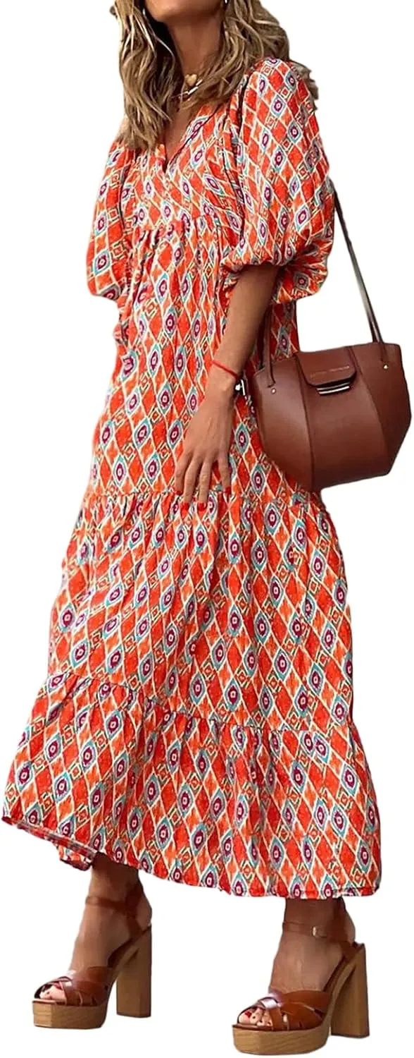 Women's Boho Casual Maxi Dress Bohemian Floral V Neck Puff Short Sleeve Summer Beach Tiered Sundress Long Swing Dress