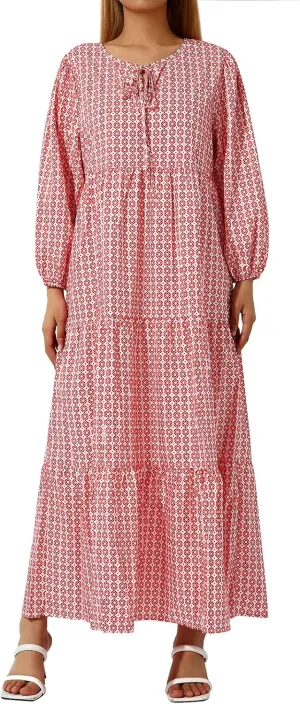 Women's Boho Casual Maxi Dress Bohemian Floral V Neck Puff Short Sleeve Summer Beach Tiered Sundress Long Swing Dress
