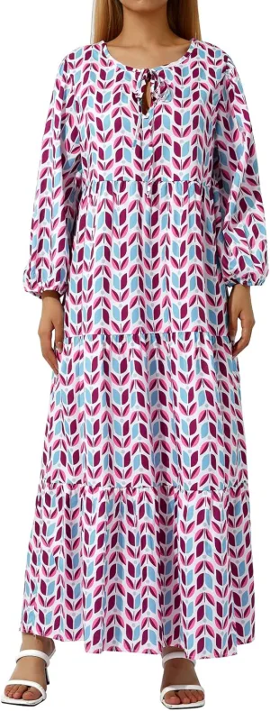 Women's Boho Casual Maxi Dress Bohemian Floral V Neck Puff Short Sleeve Summer Beach Tiered Sundress Long Swing Dress