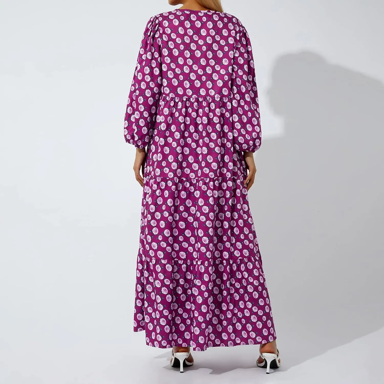 Women's Boho Casual Maxi Dress Bohemian Floral V Neck Puff Short Sleeve Summer Beach Tiered Sundress Long Swing Dress
