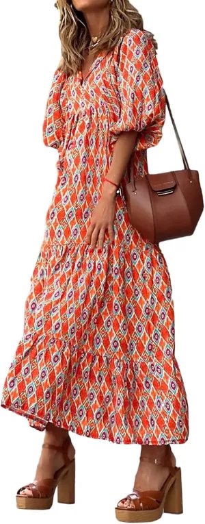 Women's Boho Casual Maxi Dress Bohemian Floral V Neck Puff Short Sleeve Summer Beach Tiered Sundress Long Swing Dress