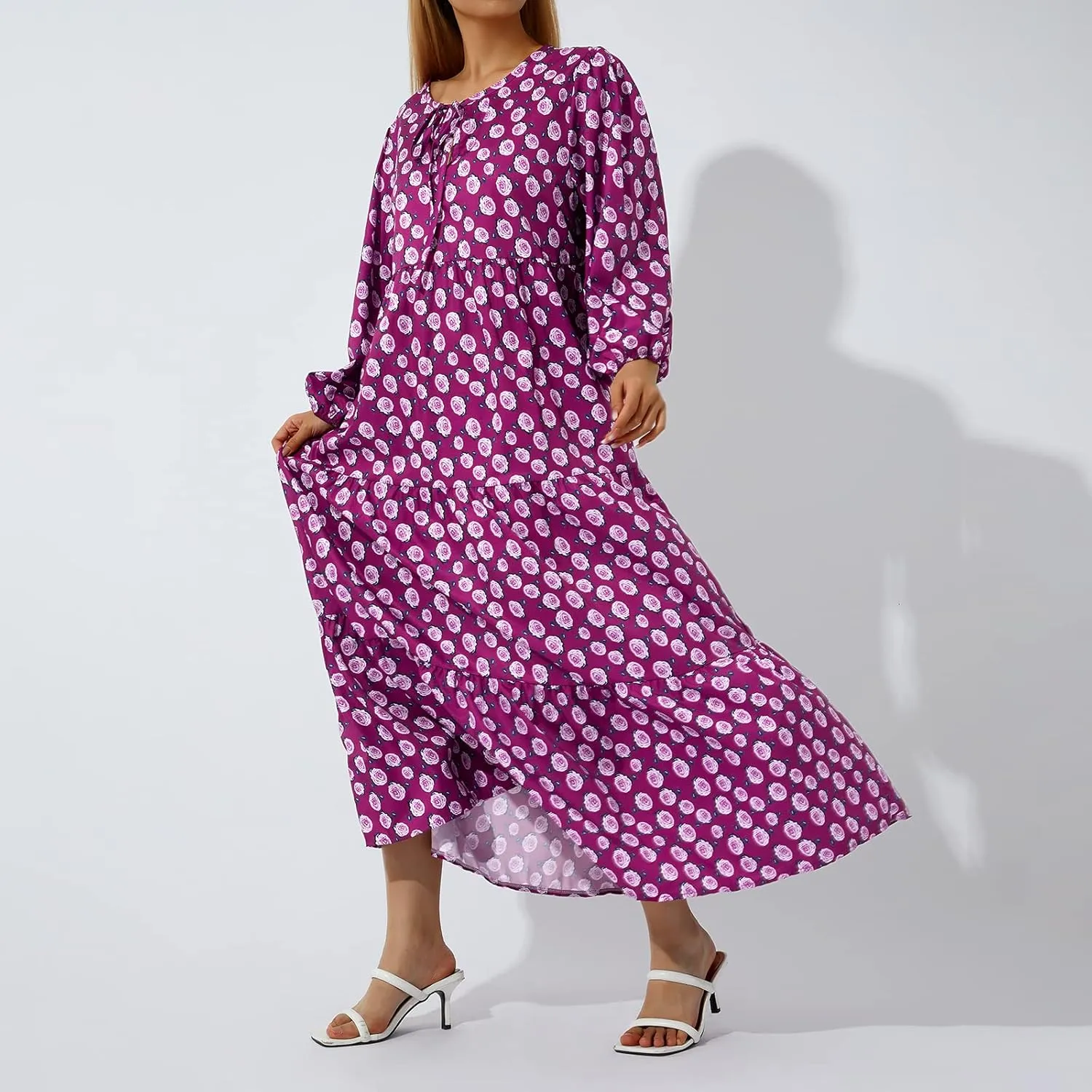 Women's Boho Casual Maxi Dress Bohemian Floral V Neck Puff Short Sleeve Summer Beach Tiered Sundress Long Swing Dress