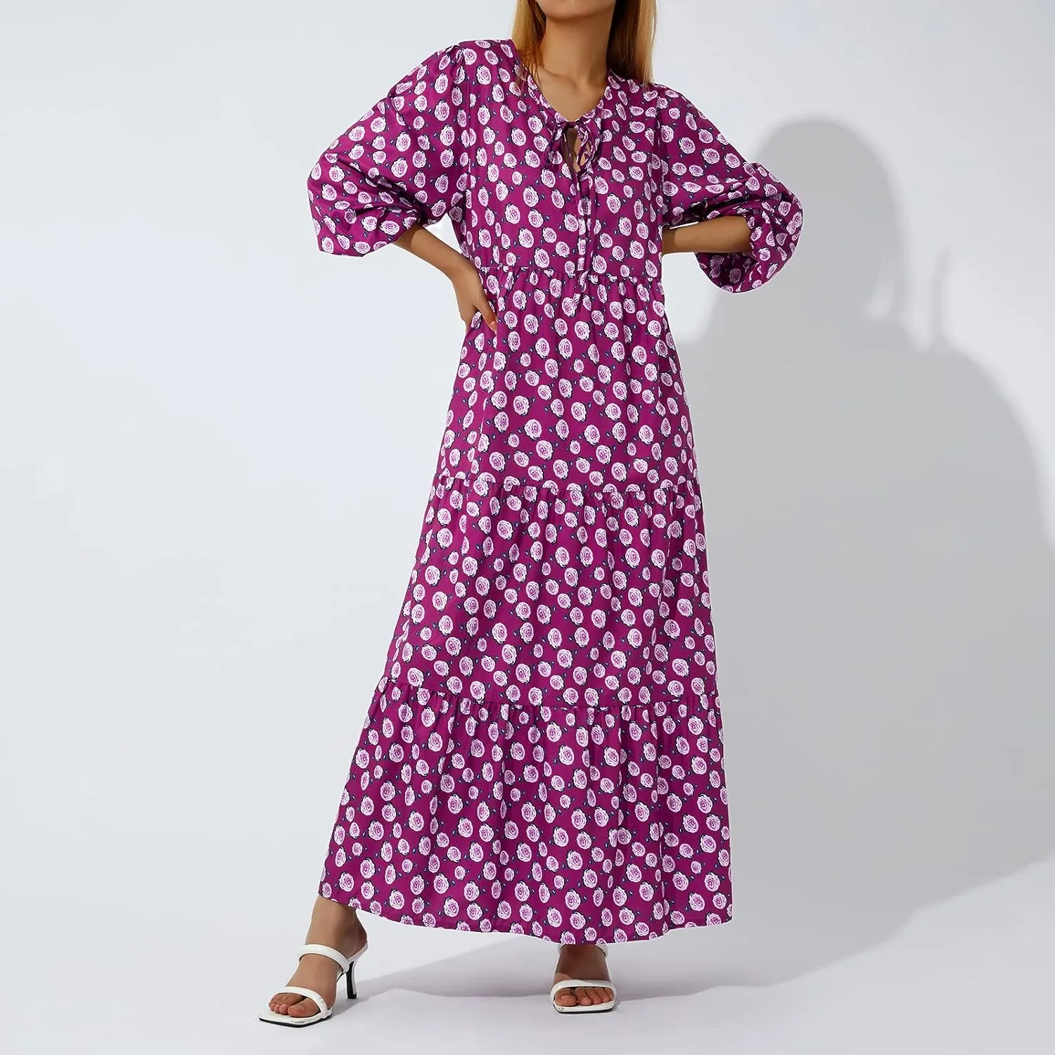 Women's Boho Casual Maxi Dress Bohemian Floral V Neck Puff Short Sleeve Summer Beach Tiered Sundress Long Swing Dress