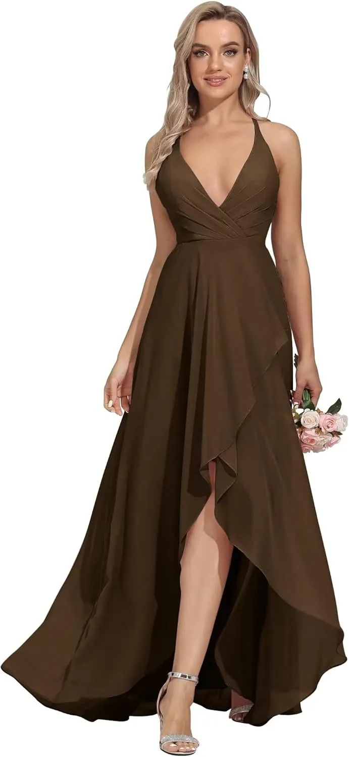 Women's Bridesmaid Dresses Long High Low Spaghetti Straps Formal Evening Party Gowns for Wedding