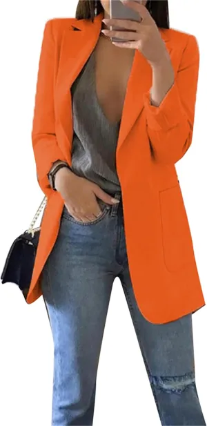 Women's Business Solid Color Blazer Long Sleeve Work Office Jacket Lapel Cardigans with Pockets