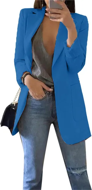 Women's Business Solid Color Blazer Long Sleeve Work Office Jacket Lapel Cardigans with Pockets