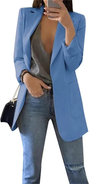 Women's Business Solid Color Blazer Long Sleeve Work Office Jacket Lapel Cardigans with Pockets