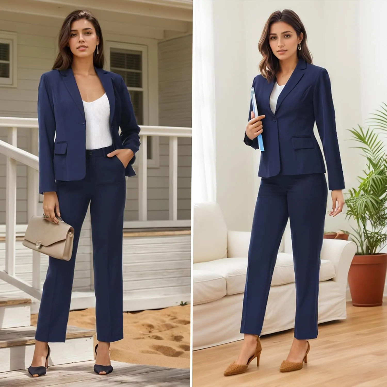 Women's Business Solid Suit 2 Piece Slim Fit Classic Blazer Pants Set for Women Formal Office