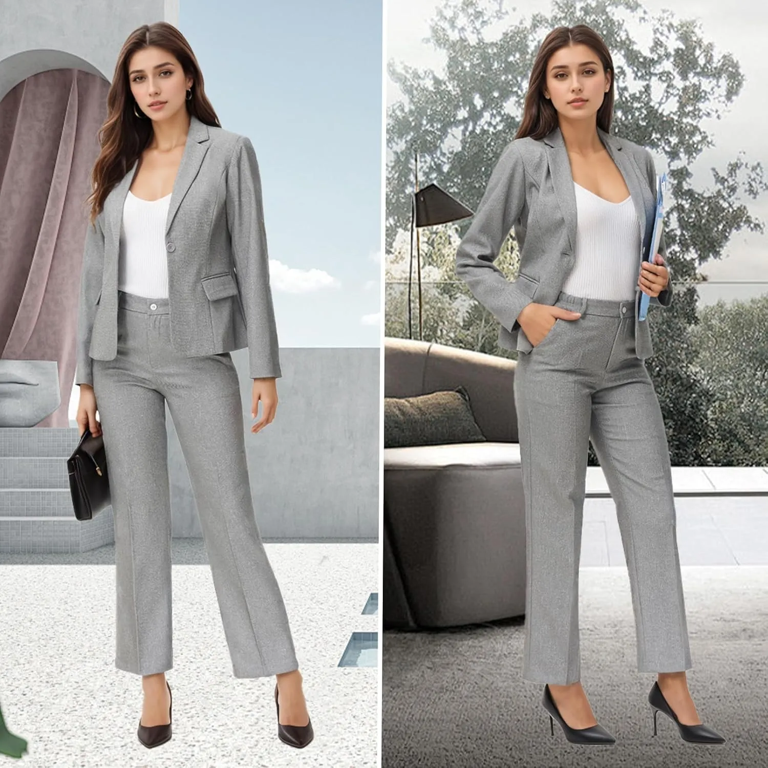 Women's Business Solid Suit 2 Piece Slim Fit Classic Blazer Pants Set for Women Formal Office