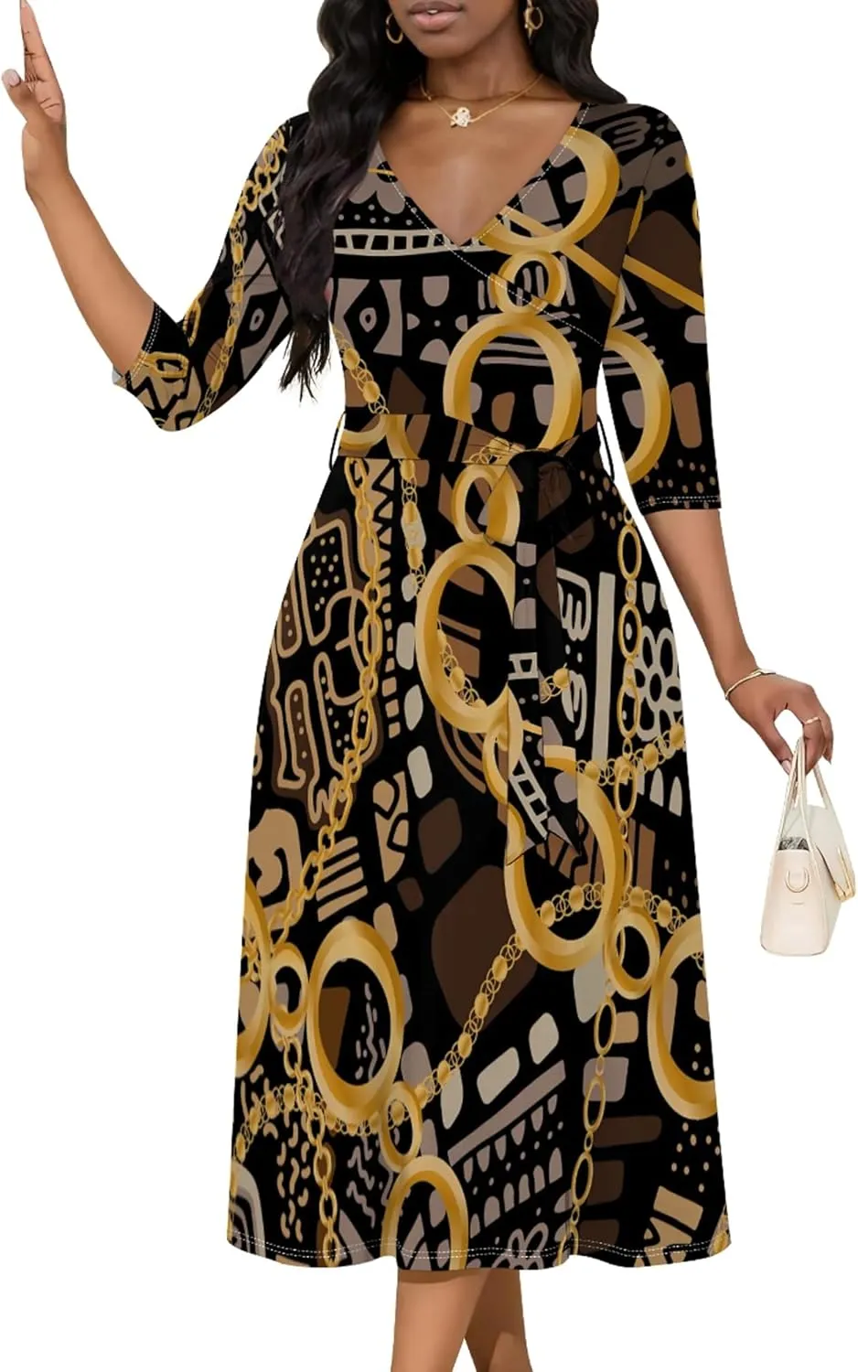 Women's Casual 3/4 Sleeve V Neck Wrap Dress Flared Belt Trendy with Pockets A-Line Sexy Cocktail Party Flowy Midi Dress