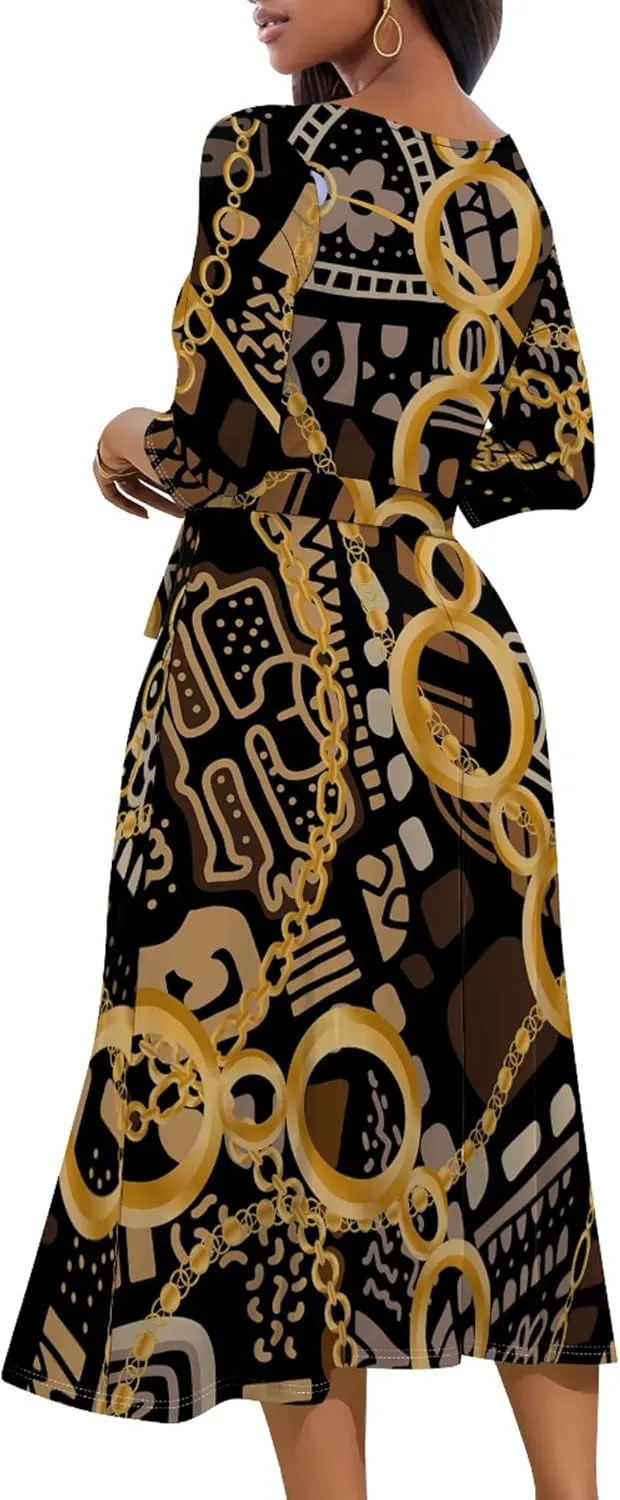 Women's Casual 3/4 Sleeve V Neck Wrap Dress Flared Belt Trendy with Pockets A-Line Sexy Cocktail Party Flowy Midi Dress