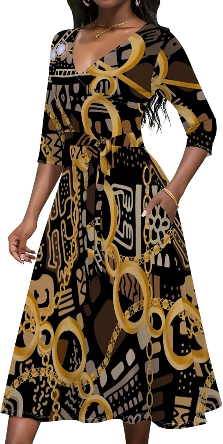 Women's Casual 3/4 Sleeve V Neck Wrap Dress Flared Belt Trendy with Pockets A-Line Sexy Cocktail Party Flowy Midi Dress
