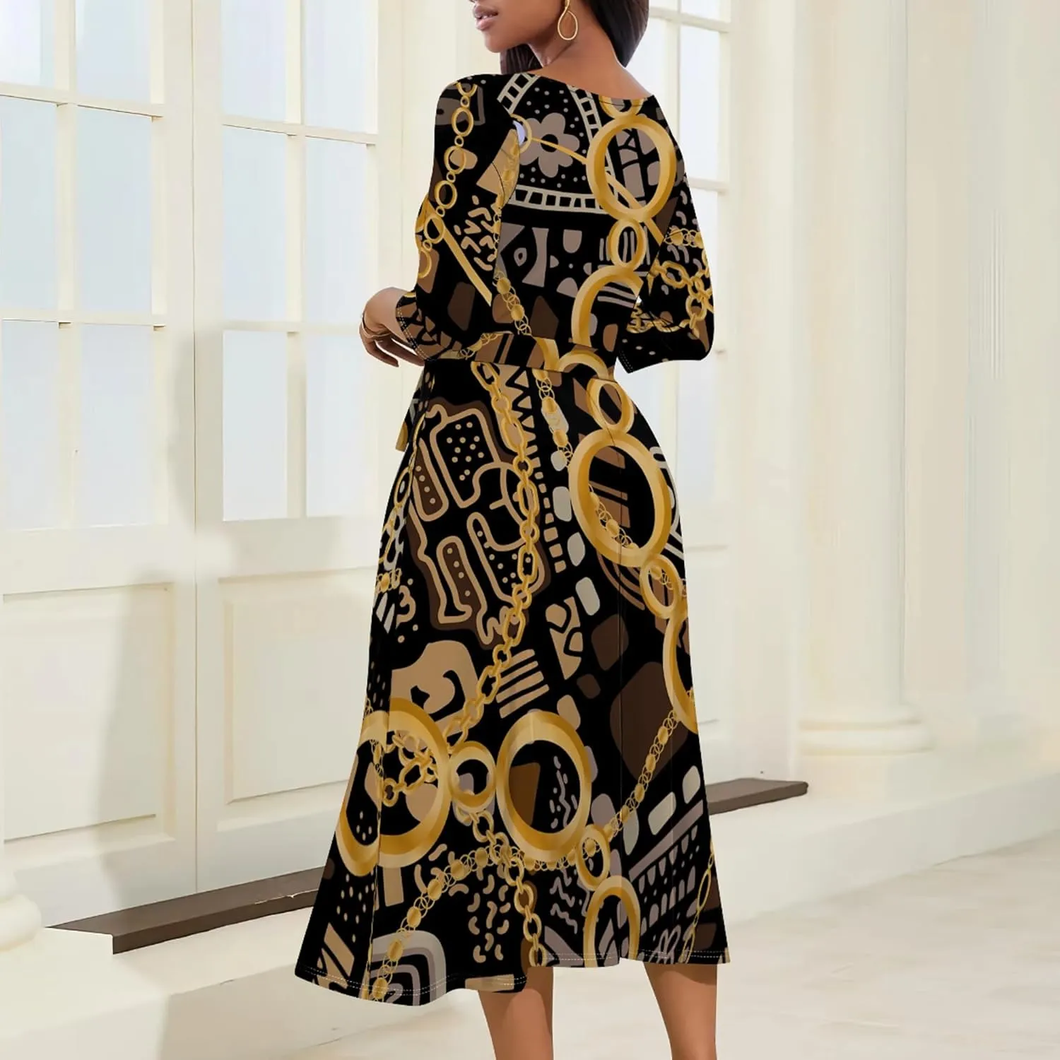 Women's Casual 3/4 Sleeve V Neck Wrap Dress Flared Belt Trendy with Pockets A-Line Sexy Cocktail Party Flowy Midi Dress