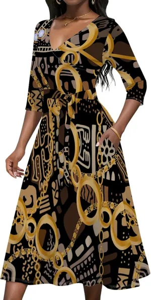Women's Casual 3/4 Sleeve V Neck Wrap Dress Flared Belt Trendy with Pockets A-Line Sexy Cocktail Party Flowy Midi Dress