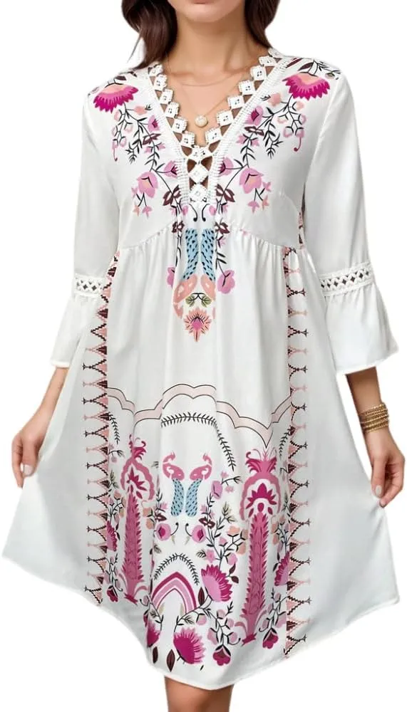 Women's Casual Lace Patchwork V Neck Boho Floral Dress Bell 3/4 Sleeve Loose Tunic Aline Summer Plus Size Midi Dresses