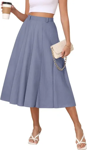 Women's Casual Skirts Summer Pleated A Line High Waist Below Knee Elegant Zipper Skirt