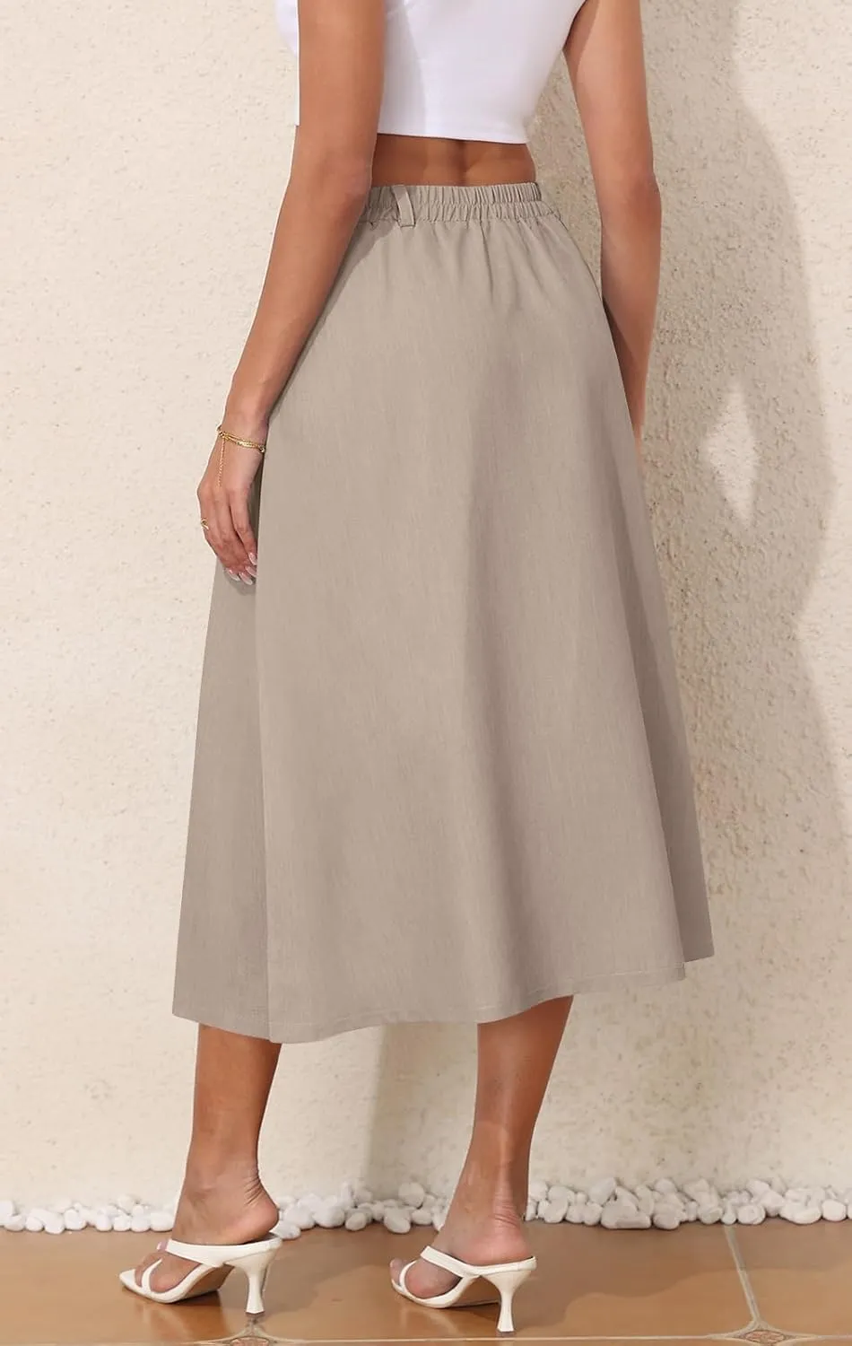Women's Casual Skirts Summer Pleated A Line High Waist Below Knee Elegant Zipper Skirt