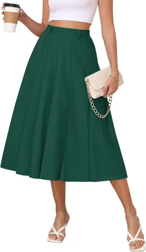 Women's Casual Skirts Summer Pleated A Line High Waist Below Knee Elegant Zipper Skirt