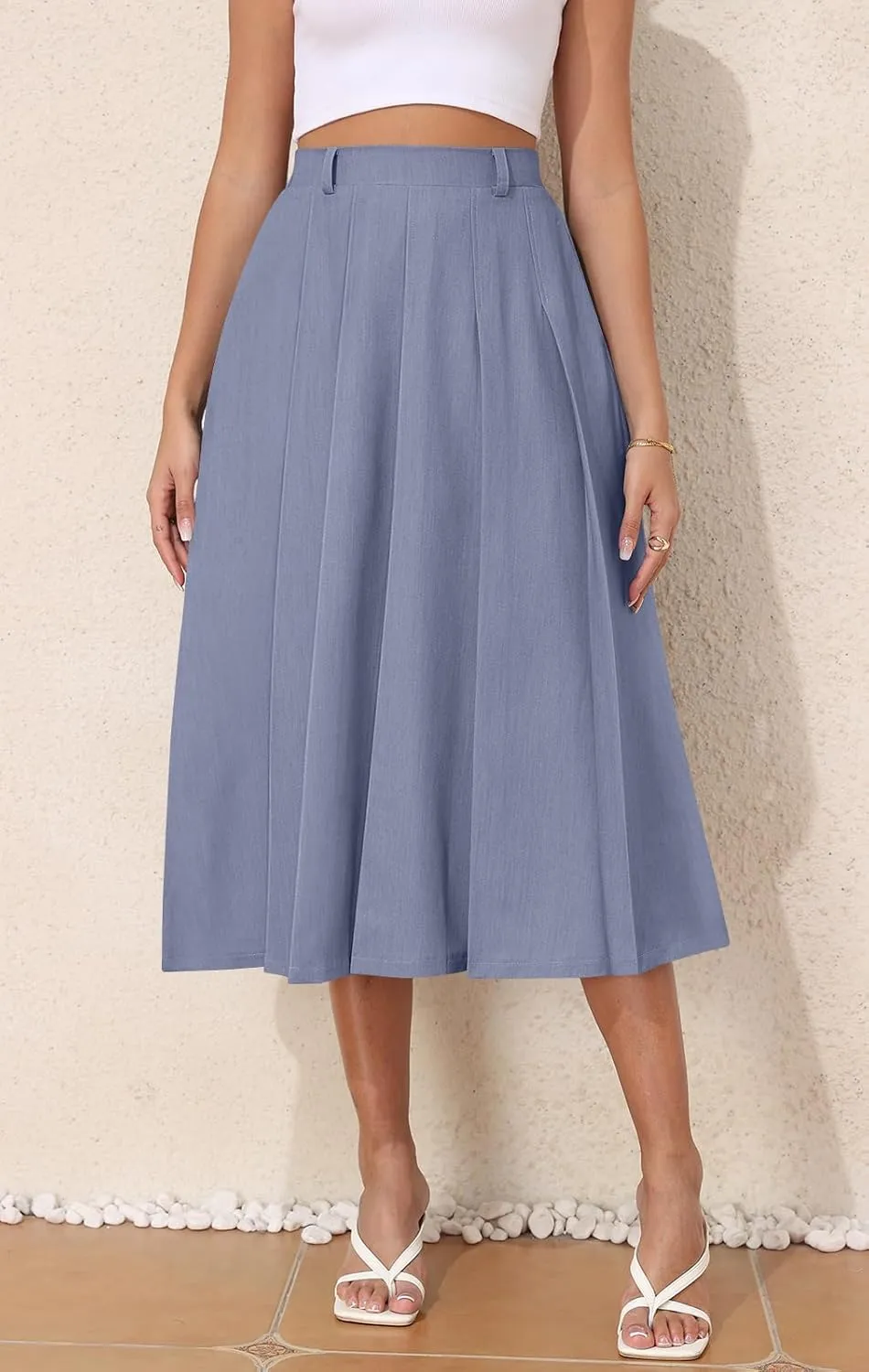 Women's Casual Skirts Summer Pleated A Line High Waist Below Knee Elegant Zipper Skirt