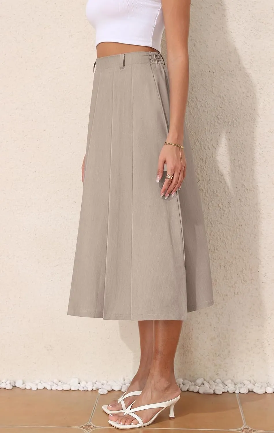 Women's Casual Skirts Summer Pleated A Line High Waist Below Knee Elegant Zipper Skirt